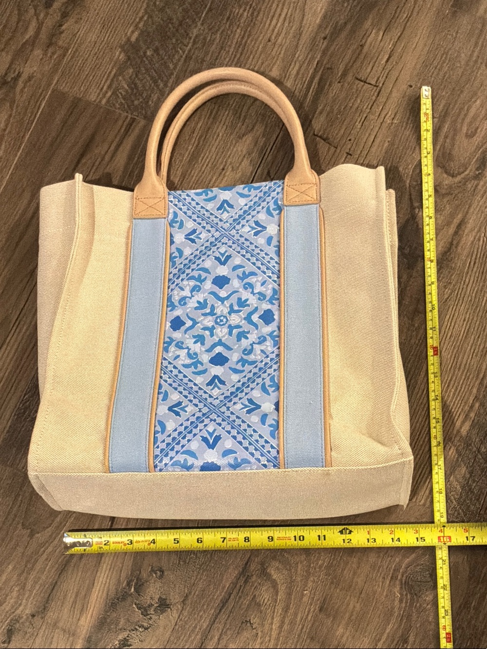 Vineyard Vines Cream Canvas Tote with Blue Mosaic Panel and Tan Handles - Picture 5 of 6
